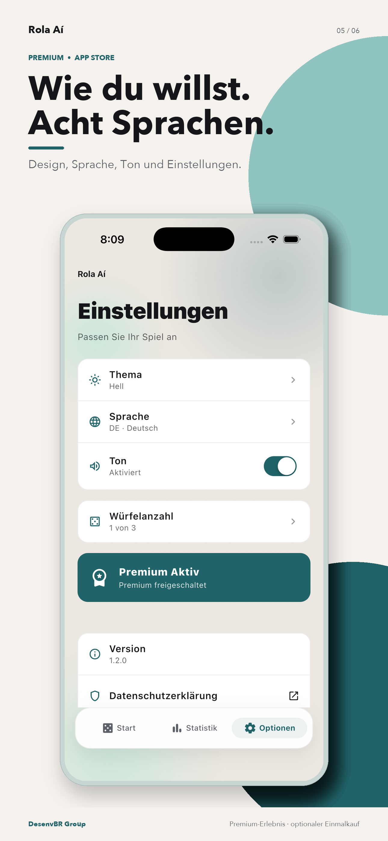 Design, Sprache, Ton und Einstellungen.