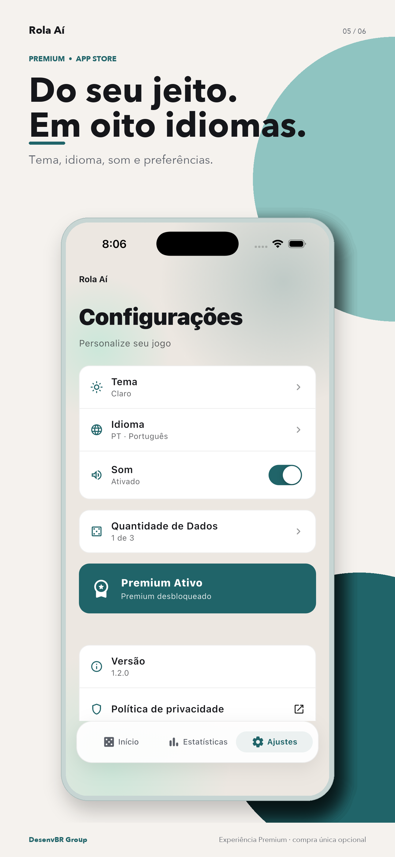 Tema, idioma, som e preferências.